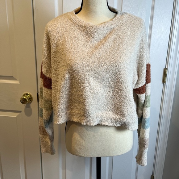 Altar’d State Teddy Bear Sweater Cropped Size L Cream With Striped Sleeves Soft - Picture 2 of 11